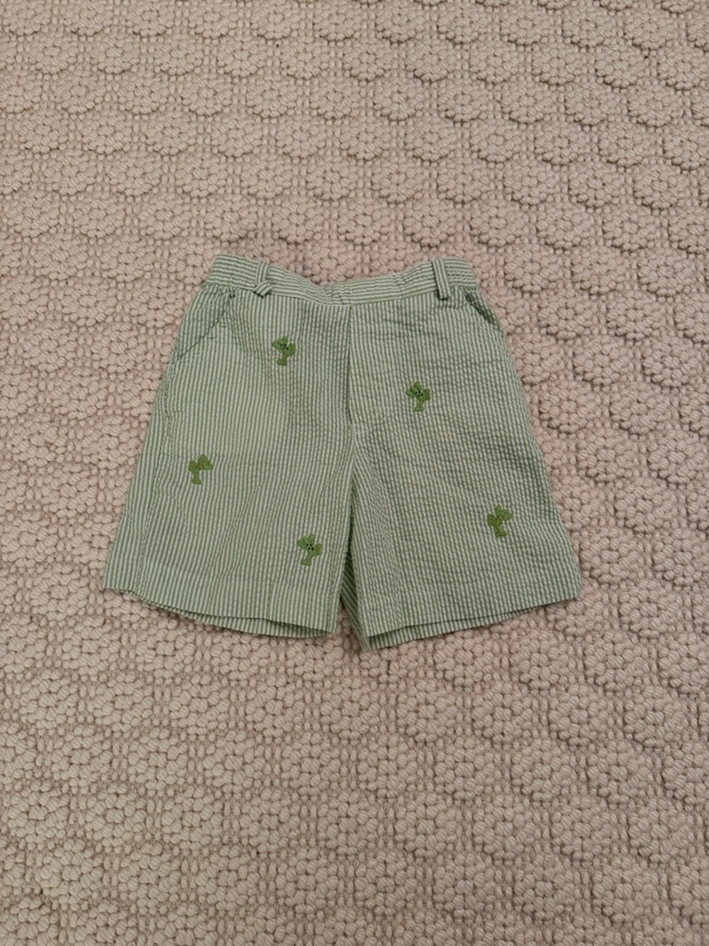 Florence Eiseman Green and White Striped Shorts with Blue Trim